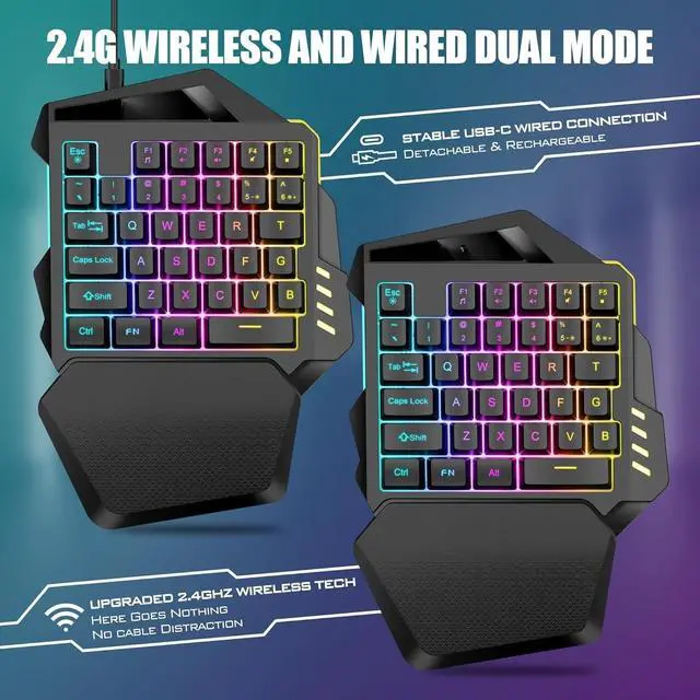 Alt view image 2 of 7 - Wireless One-Handed Gaming Keyboard, 2.4Ghz RGB Backlit Mini Gaming Keypad, Rechargeable 2000mAh Battery for PC Gamer
