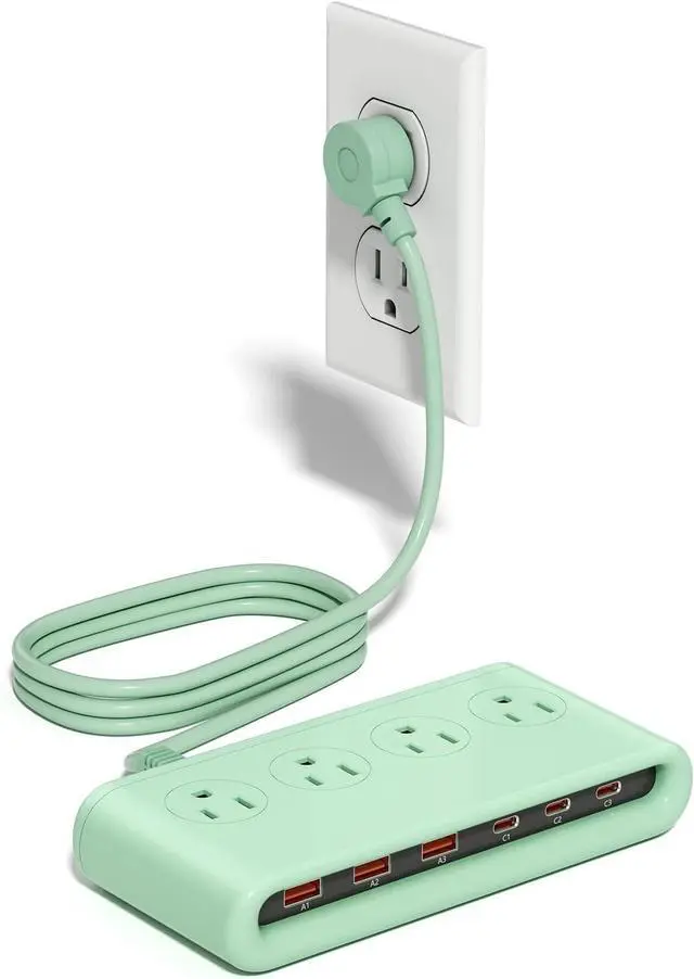 Main image of Power Strip with USB C 35W,10-in-1 Flat Plug Wall Charger - 5FT Extension Cord with 4AC, 3 USB A & 3 USB C - PD20W Charging Station for Multiple Devices - Travel Home Office (Green)
