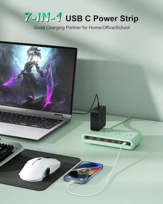 Alt view image 3 of 7 - Power Strip with USB C 35W,10-in-1 Flat Plug Wall Charger - 5FT Extension Cord with 4AC, 3 USB A & 3 USB C - PD20W Charging Station for Multiple Devices - Travel Home Office (Green)