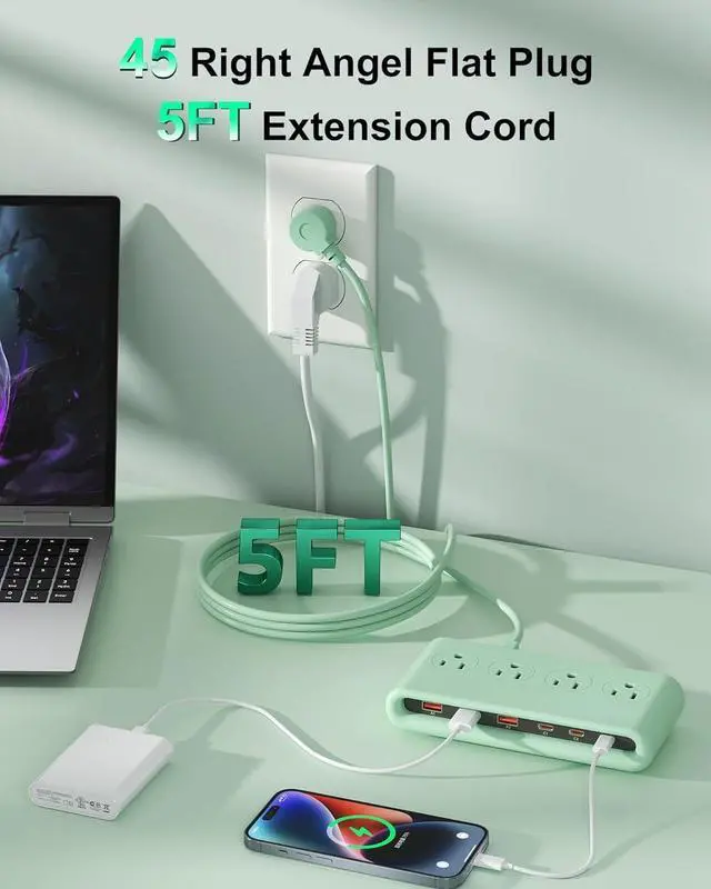 Alt view image 7 of 7 - Power Strip with USB C 35W,10-in-1 Flat Plug Wall Charger - 5FT Extension Cord with 4AC, 3 USB A & 3 USB C - PD20W Charging Station for Multiple Devices - Travel Home Office (Green)