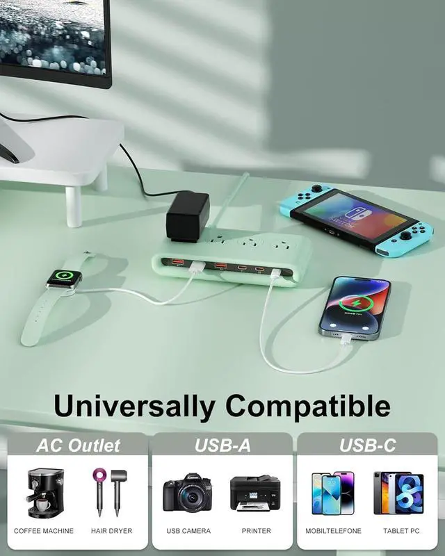 Alt view image 5 of 7 - Power Strip with USB C 35W,10-in-1 Flat Plug Wall Charger - 5FT Extension Cord with 4AC, 3 USB A & 3 USB C - PD20W Charging Station for Multiple Devices - Travel Home Office (Green)