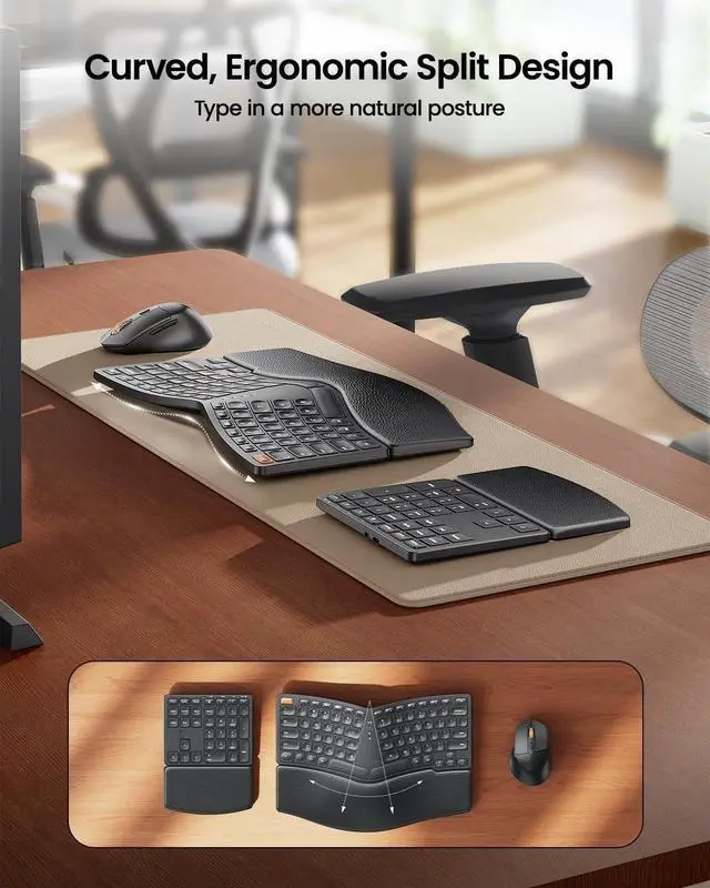 Alt view image 3 of 7 - Ergonomic Keyboard Mouse, EKM04 2.4GHz USB Wireless Ergo Keyboard Mouse Combo with Separate Numeric Keypad, Split Design, Hard Wrist Rest, Rechargeable, for Windows Desktop/PC/Laptop