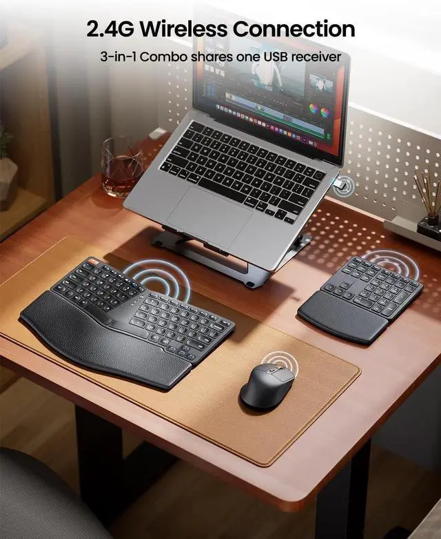 Alt view image 5 of 7 - Ergonomic Keyboard Mouse, EKM04 2.4GHz USB Wireless Ergo Keyboard Mouse Combo with Separate Numeric Keypad, Split Design, Hard Wrist Rest, Rechargeable, for Windows Desktop/PC/Laptop