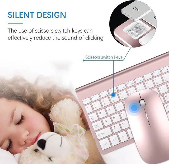 Alt view image 2 of 6 - Wireless Keyboard and Mouse Ultra Slim Combo, 2.4G Silent Compact USB 2400DPI Mouse and Scissor Switch Keyboard Set with Cover, 2 AA & 2 AAA Batteries,for PC/Laptop/Windows/Mac-Rose Gold White