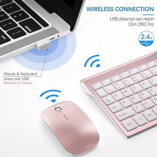 Alt view image 3 of 6 - Wireless Keyboard and Mouse Ultra Slim Combo, 2.4G Silent Compact USB 2400DPI Mouse and Scissor Switch Keyboard Set with Cover, 2 AA & 2 AAA Batteries,for PC/Laptop/Windows/Mac-Rose Gold White