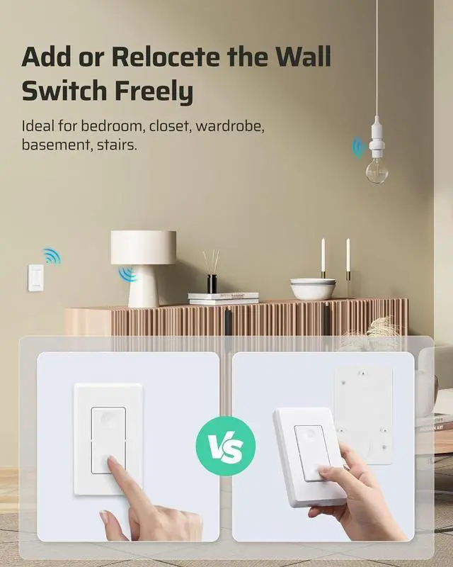 Alt view image 2 of 7 - Remote Control Light Bulb Socket, Wireless Light Switch for Pull Chain Light Fixture, E26 E27 Bulb Base, No Wiring, ETL Listed(1 Wall Mounted Switch+2 Socket)