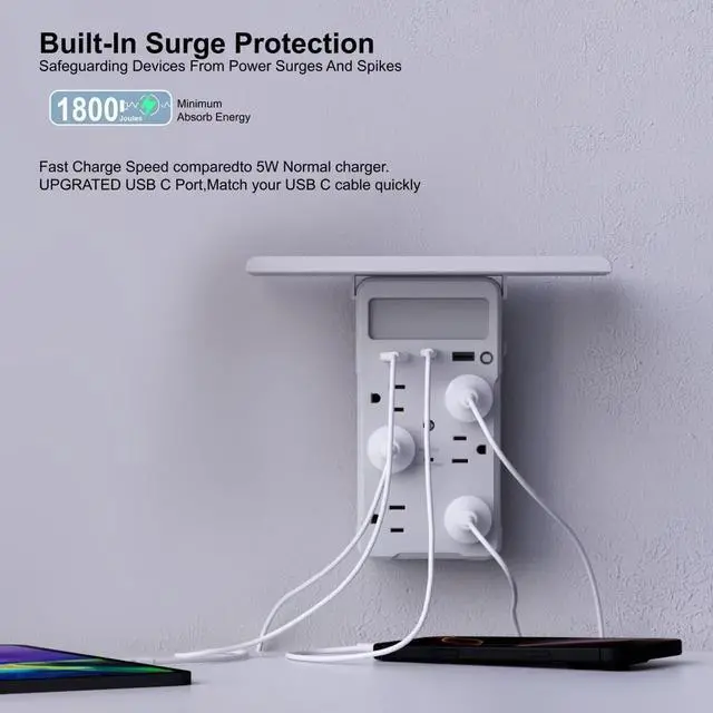 Alt view image 3 of 7 - Wall Outlet Extender with Shelf and Night Light, Surge Protector with 3 USB Ports (2A+1C) and 6 AC Outlets, Multi Plug Power Strip Electric Outlet Splitter for Home and Office Use (White)