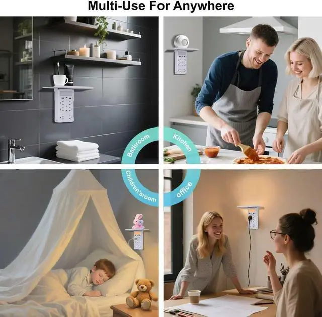 Alt view image 5 of 7 - Wall Outlet Extender with Shelf and Night Light, Surge Protector with 3 USB Ports (2A+1C) and 6 AC Outlets, Multi Plug Power Strip Electric Outlet Splitter for Home and Office Use (White)