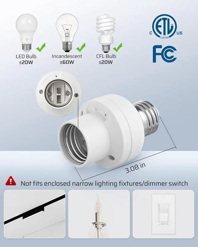 Alt view image 4 of 7 - Remote Control Light Bulb Socket, Wireless Light Switch for Pull Chain Light Fixture, E26 E27 Bulb Base, No Wiring, ETL Listed(1 Wall Mounted Switch+2 Socket)