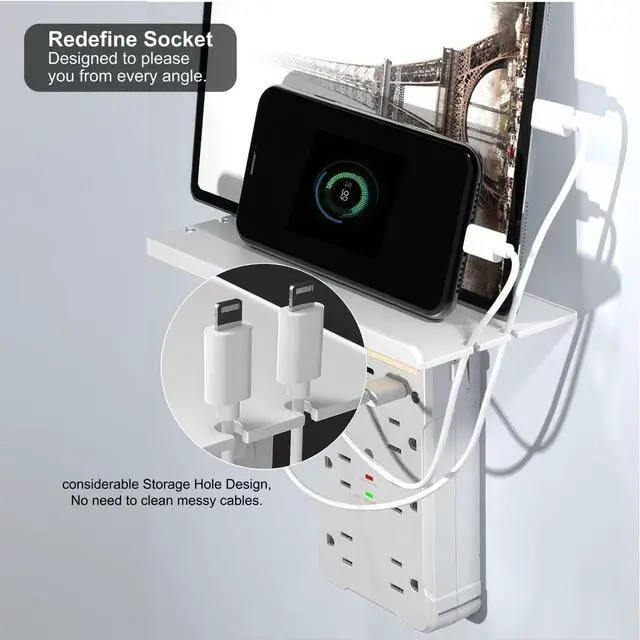 Alt view image 6 of 7 - Wall Outlet Extender with Shelf and Night Light, Surge Protector with 3 USB Ports (2A+1C) and 6 AC Outlets, Multi Plug Power Strip Electric Outlet Splitter for Home and Office Use (White)