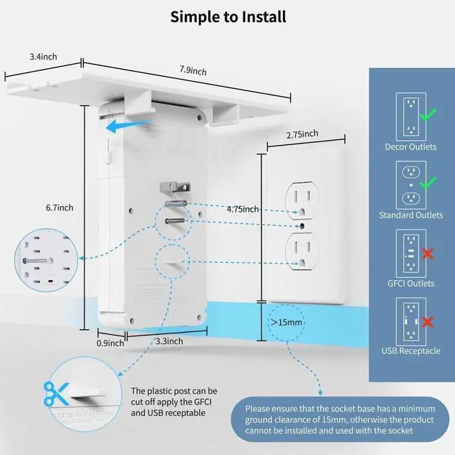 Alt view image 7 of 7 - Wall Outlet Extender with Shelf and Night Light, Surge Protector with 3 USB Ports (2A+1C) and 6 AC Outlets, Multi Plug Power Strip Electric Outlet Splitter for Home and Office Use (White)