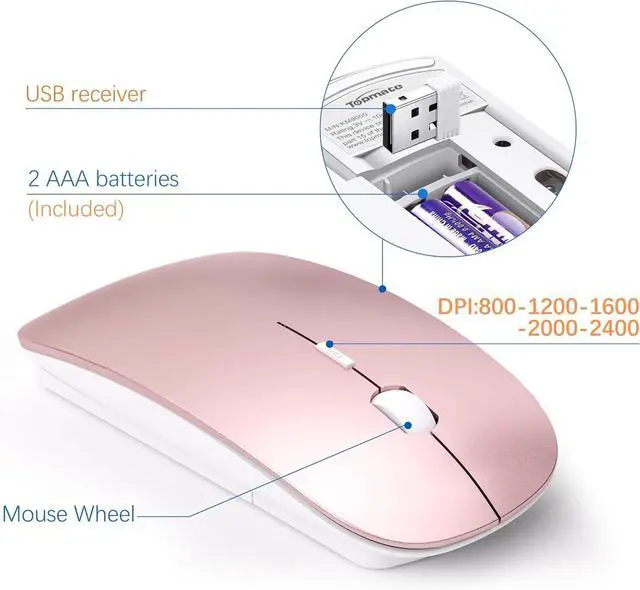Alt view image 4 of 6 - Wireless Keyboard and Mouse Ultra Slim Combo, 2.4G Silent Compact USB 2400DPI Mouse and Scissor Switch Keyboard Set with Cover, 2 AA & 2 AAA Batteries,for PC/Laptop/Windows/Mac-Rose Gold White