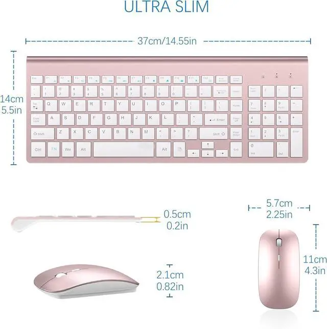 Alt view image 6 of 6 - Wireless Keyboard and Mouse Ultra Slim Combo, 2.4G Silent Compact USB 2400DPI Mouse and Scissor Switch Keyboard Set with Cover, 2 AA & 2 AAA Batteries,for PC/Laptop/Windows/Mac-Rose Gold White