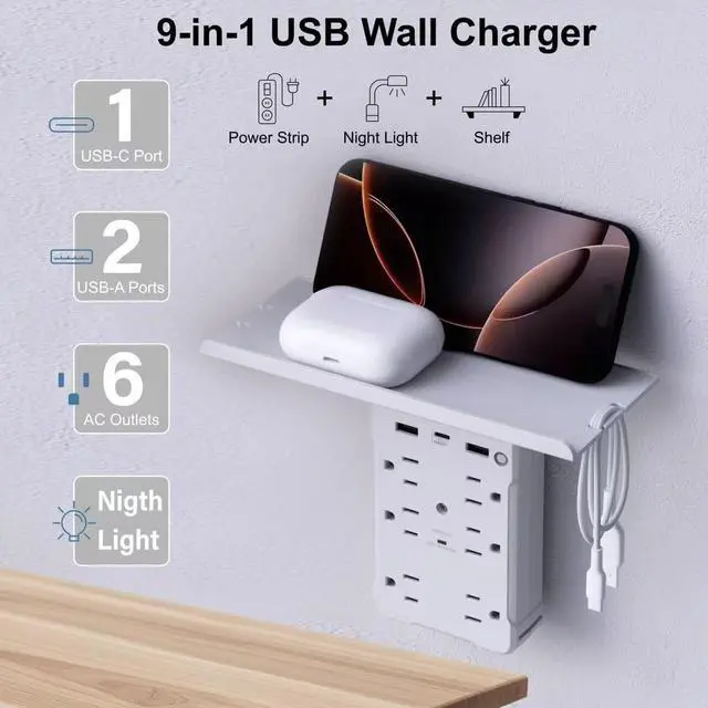 Alt view image 2 of 7 - Wall Outlet Extender with Shelf and Night Light, Surge Protector with 3 USB Ports (2A+1C) and 6 AC Outlets, Multi Plug Power Strip Electric Outlet Splitter for Home and Office Use (White)