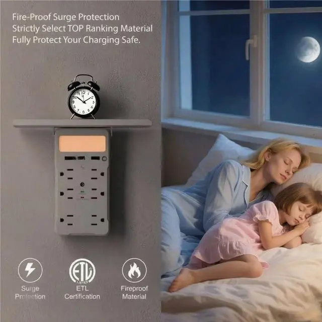 Alt view image 4 of 7 - Wall Outlet Extender with Shelf and Night Light, Surge Protector with 3 USB Ports (2A+1C) and 6 AC Outlets, Multi Plug Power Strip Electric Outlet Splitter for Home and Office Use (White)