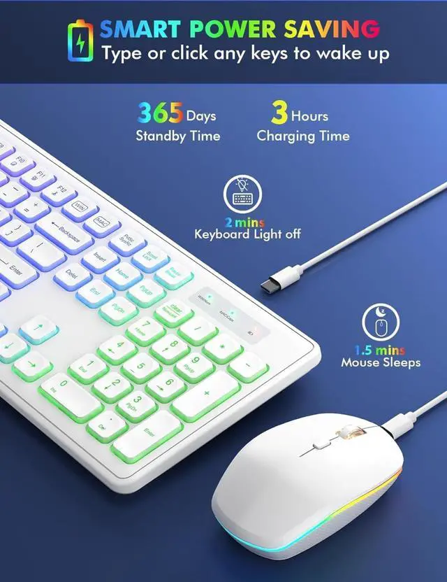 Alt view image 3 of 6 - Wireless Keyboard and Mouse - RGB Backlit, Rechargeable & Light Up Letters, Full-Size, Ergonomic Tilt Angle, Sleep Mode, 2.4GHz Quiet Keyboard Mouse for Mac, Windows, Laptop, PC(White)