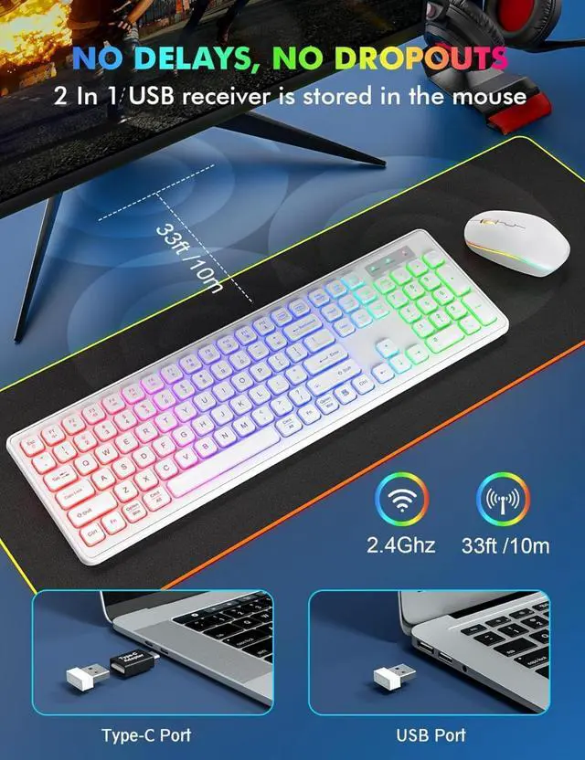 Alt view image 5 of 6 - Wireless Keyboard and Mouse - RGB Backlit, Rechargeable & Light Up Letters, Full-Size, Ergonomic Tilt Angle, Sleep Mode, 2.4GHz Quiet Keyboard Mouse for Mac, Windows, Laptop, PC(White)