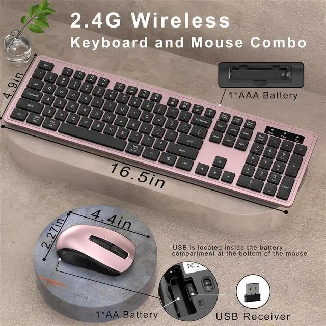 Alt view image 6 of 6 - FOR Wireless Keyboard and Mouse Combo, Full-Size 104-Key Office Keyboard with 15 Function Keys, Numeric Keypad, Single USB Receiver, Compatible with PC and Laptop(Pink)