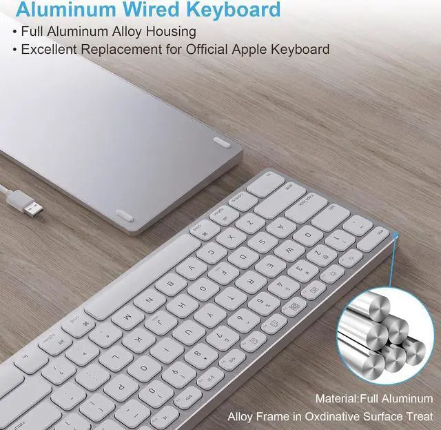 Alt view image 3 of 5 - All-Aluminum Wired Keyboard for Apple Mac OS,Plug-n-Play Cable Connection in USB-A+C Port,Full Size USB Keyboard with Numeric Keypad for iMac/Mac mini or MacBook Pro/Air Laptop