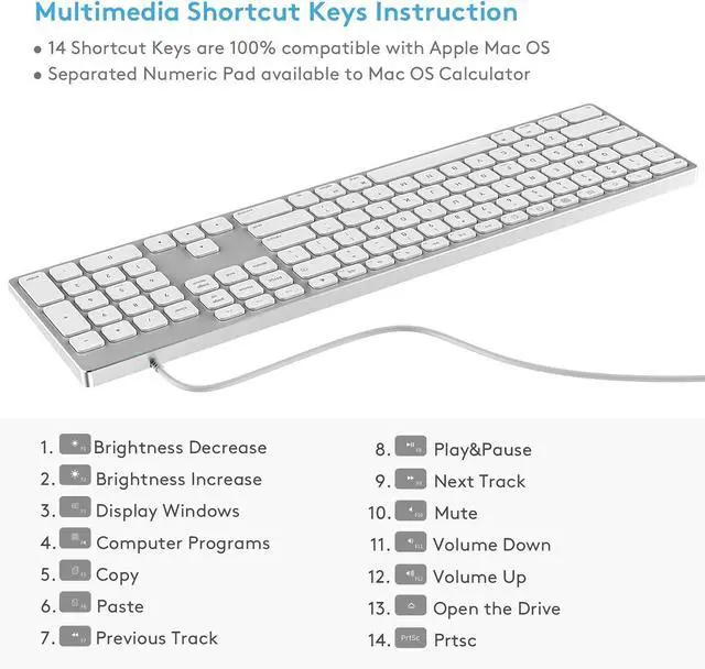 Alt view image 4 of 5 - All-Aluminum Wired Keyboard for Apple Mac OS,Plug-n-Play Cable Connection in USB-A+C Port,Full Size USB Keyboard with Numeric Keypad for iMac/Mac mini or MacBook Pro/Air Laptop