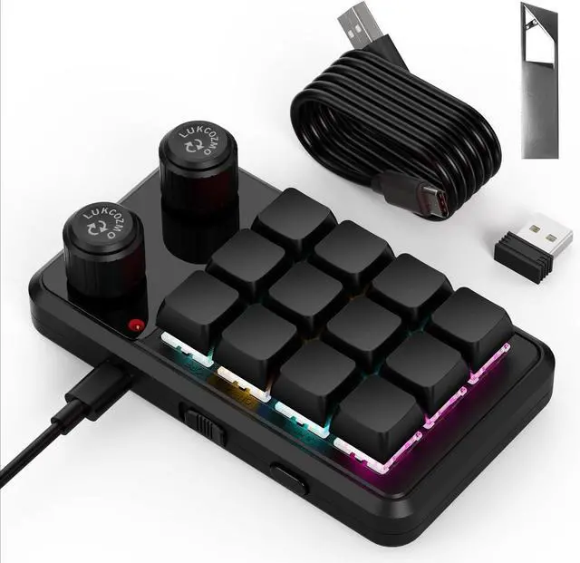 Main image of Macro Pad Macro Keyboard Programmable Keypad Customized 12-Key Mini Mechanical Gaming Keyboard One Handed Keyboard RGB OSU Micro Keyboard Macropad Knob Wireless Receiver&Type C 1m Cable(Black)