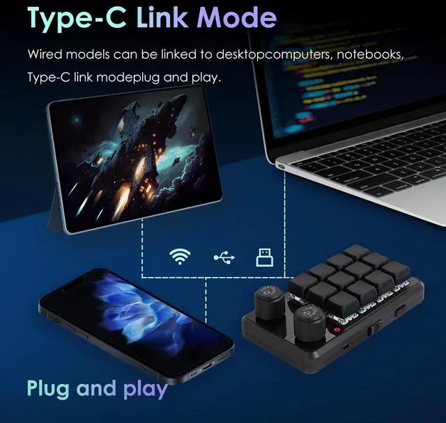 Alt view image 3 of 7 - Macro Pad Macro Keyboard Programmable Keypad Customized 12-Key Mini Mechanical Gaming Keyboard One Handed Keyboard RGB OSU Micro Keyboard Macropad Knob Wireless Receiver&Type C 1m Cable(Black)