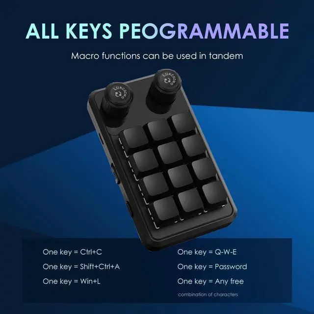 Alt view image 2 of 7 - Macro Pad Macro Keyboard Programmable Keypad Customized 12-Key Mini Mechanical Gaming Keyboard One Handed Keyboard RGB OSU Micro Keyboard Macropad Knob Wireless Receiver&Type C 1m Cable(Black)