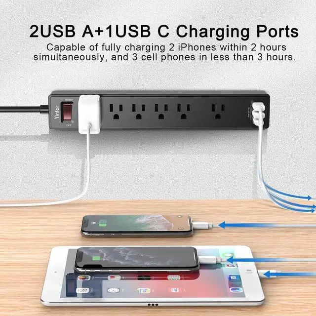 Alt view image 4 of 7 - 6Ft Power Strip Surge Protector -  Extension Cord with 6 AC Outlets and 3 USB Ports for for Home, Office, Dorm Essentials, 1680 Joules, ETL Listed, (Black)