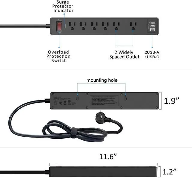 Alt view image 7 of 7 - 6Ft Power Strip Surge Protector -  Extension Cord with 6 AC Outlets and 3 USB Ports for for Home, Office, Dorm Essentials, 1680 Joules, ETL Listed, (Black)