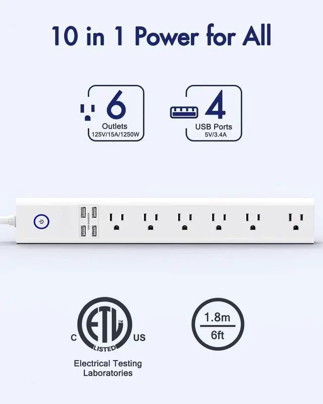 Alt view image 2 of 7 - 2 Pack Power Strip Surge Protector Flat Plug - 6 Widely Spaced Outlets 4 USB Charging Ports, 2100J/10A with 6Ft Long Extension Cord, Overload Surge Protection, Wall Mount for Home Office