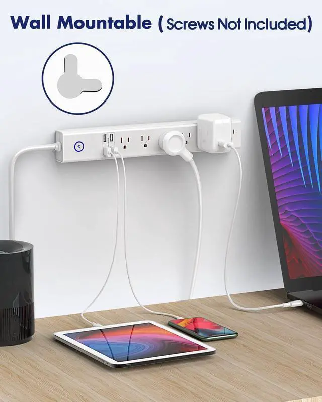Alt view image 6 of 7 - 2 Pack Power Strip Surge Protector Flat Plug - 6 Widely Spaced Outlets 4 USB Charging Ports, 2100J/10A with 6Ft Long Extension Cord, Overload Surge Protection, Wall Mount for Home Office