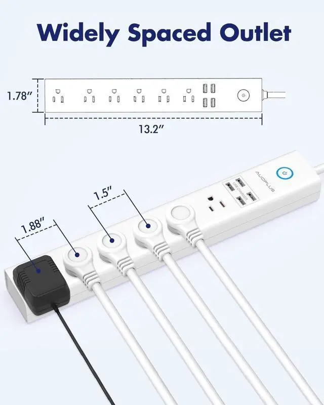 Alt view image 7 of 7 - 2 Pack Power Strip Surge Protector Flat Plug - 6 Widely Spaced Outlets 4 USB Charging Ports, 2100J/10A with 6Ft Long Extension Cord, Overload Surge Protection, Wall Mount for Home Office
