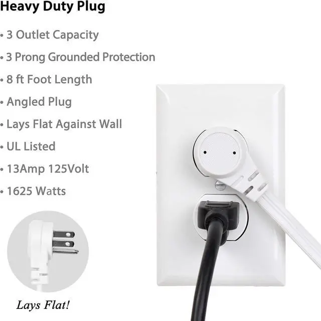 Alt view image 3 of 4 - Flat Multiple Outlet Extension Cord 30 Ft for Indoor Use by Electes- UL-Listed 3-Prong Multi Extension Wire- Space-Saving Flat Angled Extension Cord- White