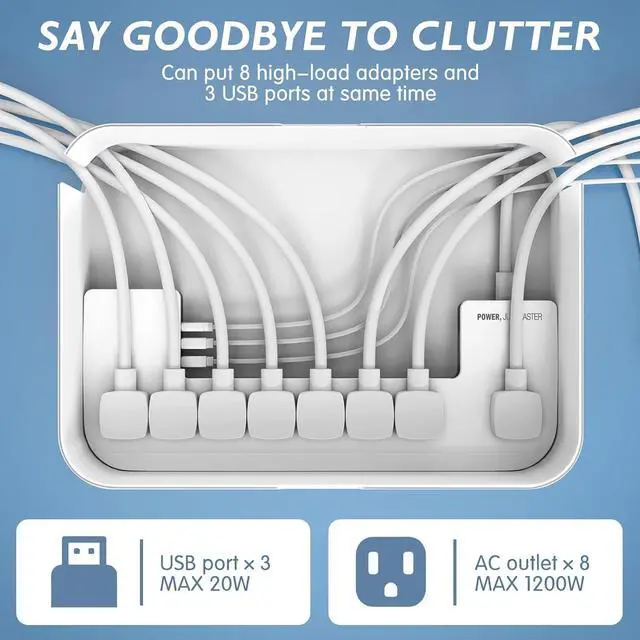 Alt view image 3 of 7 - FOR-Power Strip with Cable Management Box, Surge Protector 8 Outlets and 3 USB Ports with Switch Control, 6.6 ft Flat Plug Extension Cord, Organizer Charging Station for Kitchen, Dorm, Office,Home