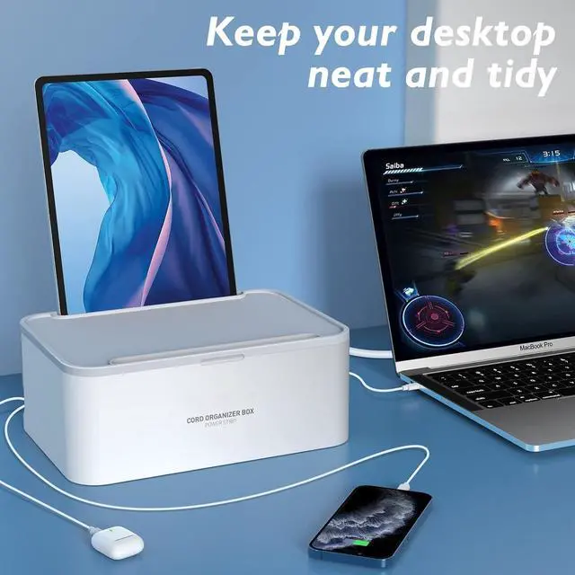 Alt view image 6 of 7 - FOR-Power Strip with Cable Management Box, Surge Protector 8 Outlets and 3 USB Ports with Switch Control, 6.6 ft Flat Plug Extension Cord, Organizer Charging Station for Kitchen, Dorm, Office,Home