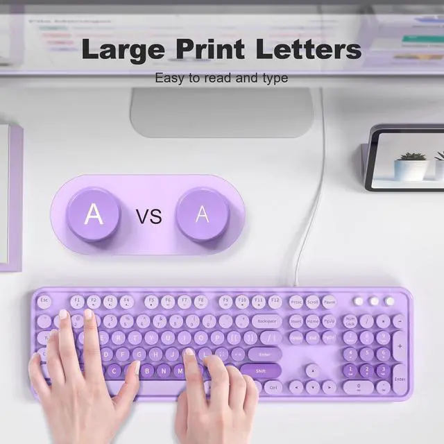 Alt view image 2 of 7 - Keyboard Wired Large Print, Computer Keyboard Plug Play, Colorful Retro Round Typewriter Keyboard with Numeric Keypad and Media Hotkey for Windows PC Laptop (Pale Purple)