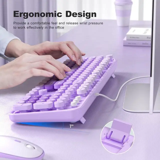 Alt view image 4 of 7 - Keyboard Wired Large Print, Computer Keyboard Plug Play, Colorful Retro Round Typewriter Keyboard with Numeric Keypad and Media Hotkey for Windows PC Laptop (Pale Purple)