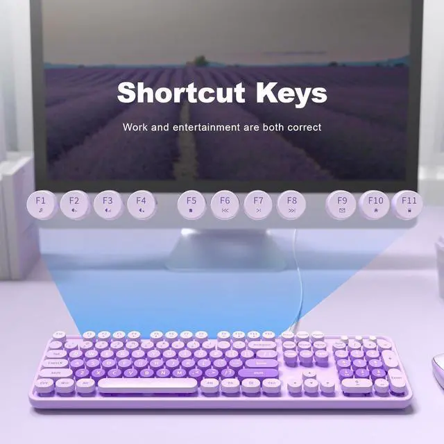 Alt view image 7 of 7 - Keyboard Wired Large Print, Computer Keyboard Plug Play, Colorful Retro Round Typewriter Keyboard with Numeric Keypad and Media Hotkey for Windows PC Laptop (Pale Purple)