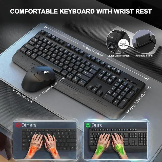 Alt view image 2 of 7 - Wireless Keyboard and Mouse Combo, 2.4G Full-Sized Ergonomic Computer Keyboard with Wrist Rest and 3 Level DPI Adjustable Wireless Mouse for Windows, Mac OS Desktop/Laptop/PC (Dark Gray)