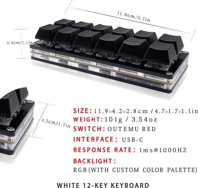 Alt view image 2 of 7 - 12 Key Mechanical Gaming Keyboard One Handed Keypad USB-C Wired OSU Keypad Programmable and Hot Swappable Keyboard.