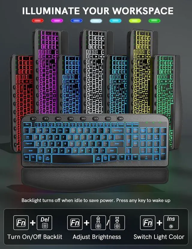 Alt view image 3 of 7 - Ergonomic Wireless Keyboard and Mouse Combo - Wave Keyboard with Soft Leather Wrist Rest, Resistant Keys, RGB Backlit Rechargeable Set for PC/Mac/Chromebook (Black)