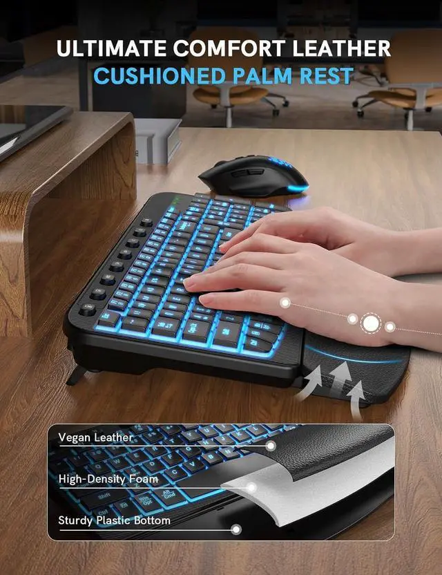 Alt view image 2 of 7 - Ergonomic Wireless Keyboard and Mouse Combo - Wave Keyboard with Soft Leather Wrist Rest, Resistant Keys, RGB Backlit Rechargeable Set for PC/Mac/Chromebook (Black)