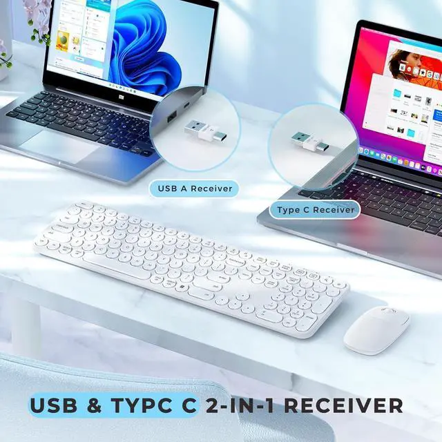 Alt view image 2 of 7 - Wireless Keyboard and Mouse, USB & Type C 2-in-1 Receiver, SK73-3 Full Size White Wireless Keyboard Mouse Combo, Compatible for Windows, MacBook Pro/Air, Laptop, Desktop, PC - White