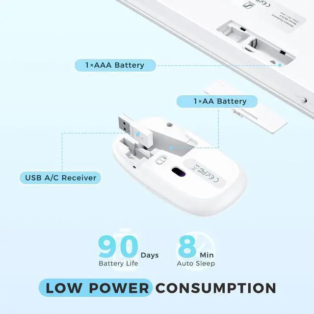 Alt view image 6 of 7 - Wireless Keyboard and Mouse, USB & Type C 2-in-1 Receiver, SK73-3 Full Size White Wireless Keyboard Mouse Combo, Compatible for Windows, MacBook Pro/Air, Laptop, Desktop, PC - White