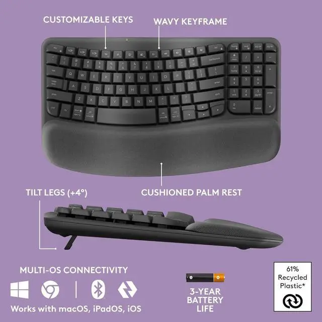 Alt view image 6 of 7 - Wave Keys Wireless Ergonomic Keyboard with Cushioned Palm Rest, Comfortable Natural Typing, Easy-Switch, Bluetooth, Logi Bolt Receiver, for Multi-OS, Windows/Mac - Graphite