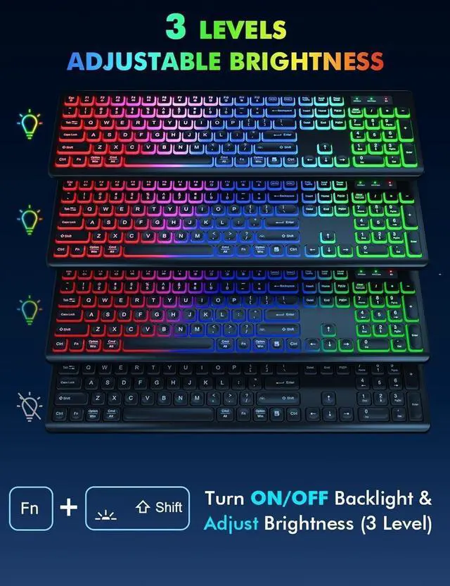 Alt view image 2 of 7 - FOR-Wireless Keyboard and Mouse Combo - RGB Backlit, Rechargeable & Light Up Letters, Full-Size, Ergonomic Tilt Angle, Sleep Mode, 2.4GHz Quiet Keyboard Mouse for Mac, Windows, Laptop, PC