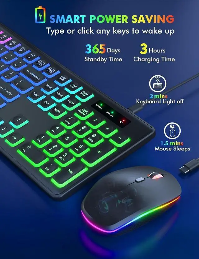 Alt view image 3 of 7 - FOR-Wireless Keyboard and Mouse Combo - RGB Backlit, Rechargeable & Light Up Letters, Full-Size, Ergonomic Tilt Angle, Sleep Mode, 2.4GHz Quiet Keyboard Mouse for Mac, Windows, Laptop, PC