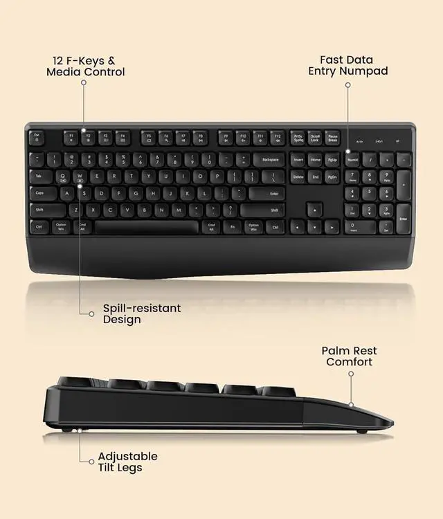 Alt view image 5 of 7 - Bluetooth Keyboard and Mouse, COE200 USB + Bluetooth Multi Device, Ergonomic Keyboard Mouse Set, Full-Size Wireless Combo Compatible for Mac OS/Windows PCs Computers Laptops MacBooks - Black