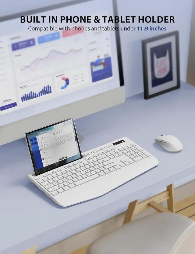 Alt view image 3 of 7 - Wireless Keyboard and Mouse Combo - Full-Sized Ergonomic Keyboard with Wrist Rest, Phone Holder, Sleep Mode, Silent 2.4GHz Cordless Keyboard Mouse Combo for Computer, Laptop, PC, Mac, Windows,White