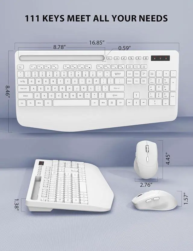Alt view image 7 of 7 - Wireless Keyboard and Mouse Combo - Full-Sized Ergonomic Keyboard with Wrist Rest, Phone Holder, Sleep Mode, Silent 2.4GHz Cordless Keyboard Mouse Combo for Computer, Laptop, PC, Mac, Windows,White